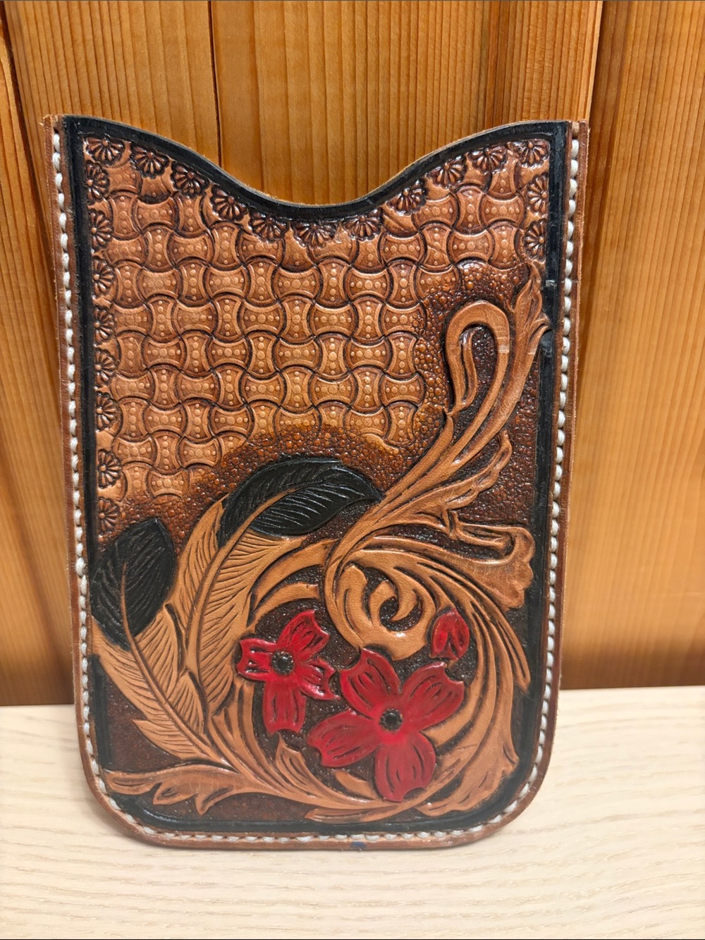 Hand-Tooled Leather Phone Sleeve - Brown with Red Floral Accents